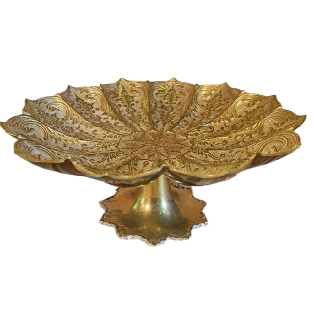 Vintage Large Solid Brass Etched Floral Scalloped Edge Pedestal Bowl